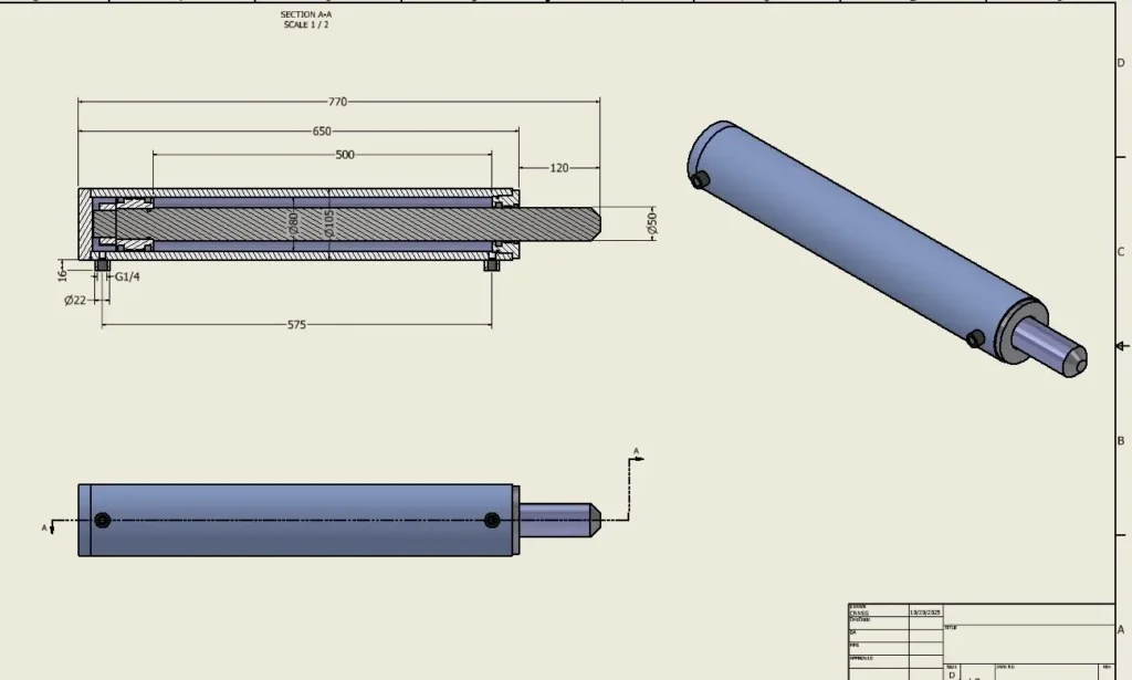 Bản vẽ kỹ thuật xi lanh thủy lực 50-80-500-ST với thông số piston 50mm, hành trình 500mm, áp lực tiêu chuẩn