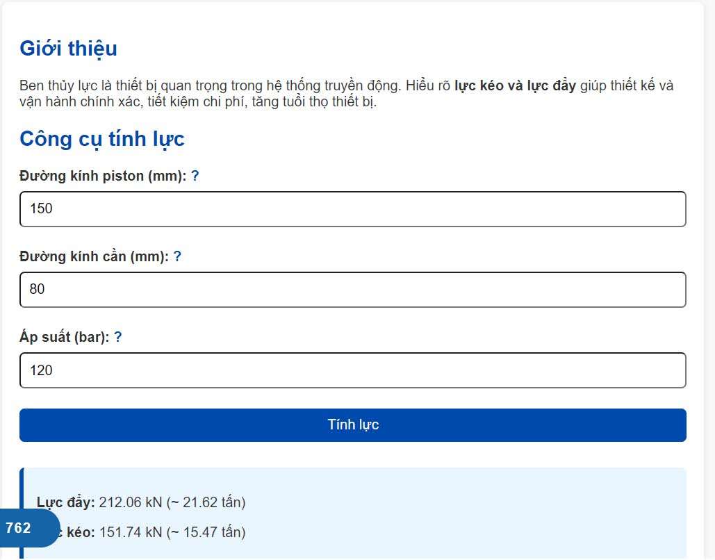 Công cụ tính toán lực kéo đẩy xi lanh thủy lực trực tuyến miễn phí