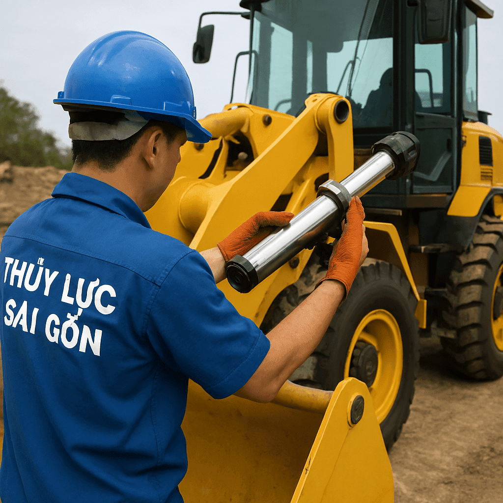 Xi Lanh Thủy Lực Xe Xúc Lật – Cấu Tạo, Sửa Chữa và Mạ Crom Tiêu Chuẩn 3 Hình ảnh xi lanh thủy lực lắp trên xe xúc lật tại công trình