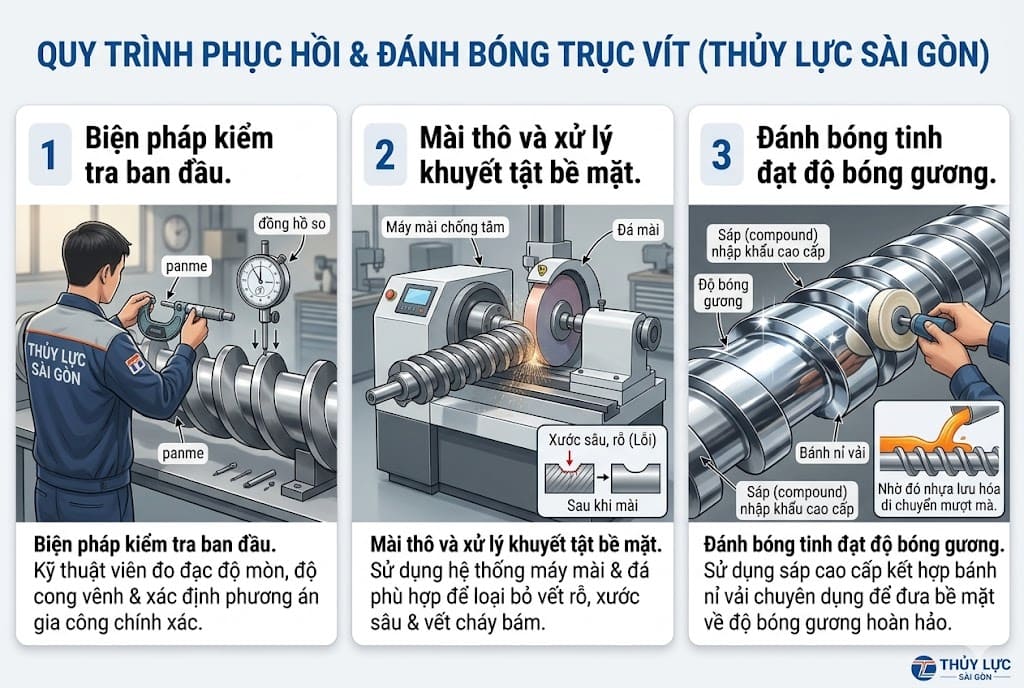 Đánh Bóng Trục Vít Máy Ép Nhựa 1 Quy trình đánh bóng trục vít máy ép nhựa tại thủy lực sài gòn