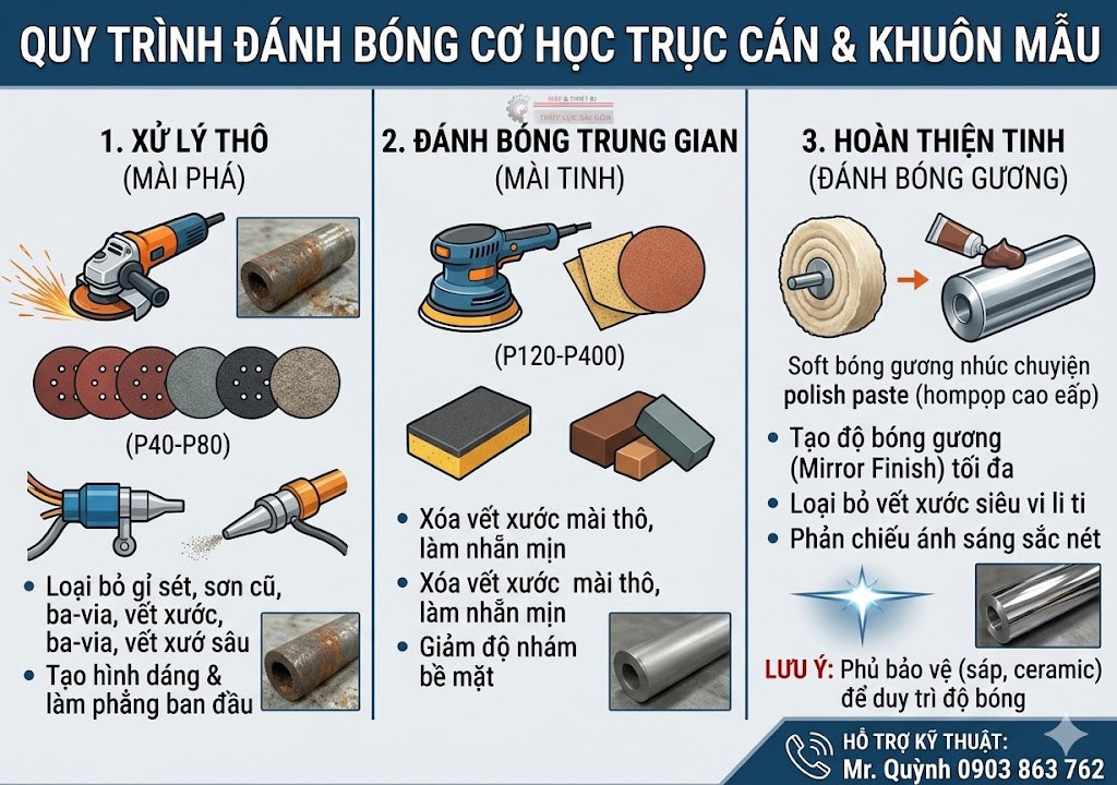 Sơ đồ quy trình đánh bóng cơ học trục cán và khuôn mẫu tại Thủy Lực Sài Gòn