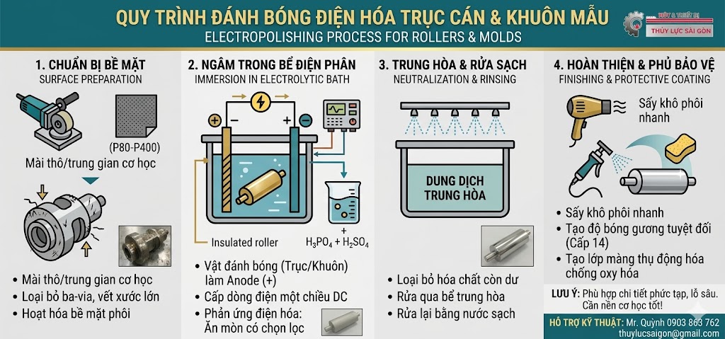 Sơ đồ quy trình đánh bóng hóa học rulo chi tiết cơ khí phức tạp tại Thủy Lực Sài Gòn