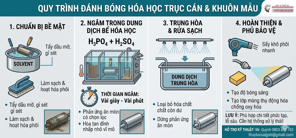 Sơ đồ quy trình đánh bóng điện hóa electropolishing trục cán và khuôn mẫu tại Thủy Lực Sài Gòn